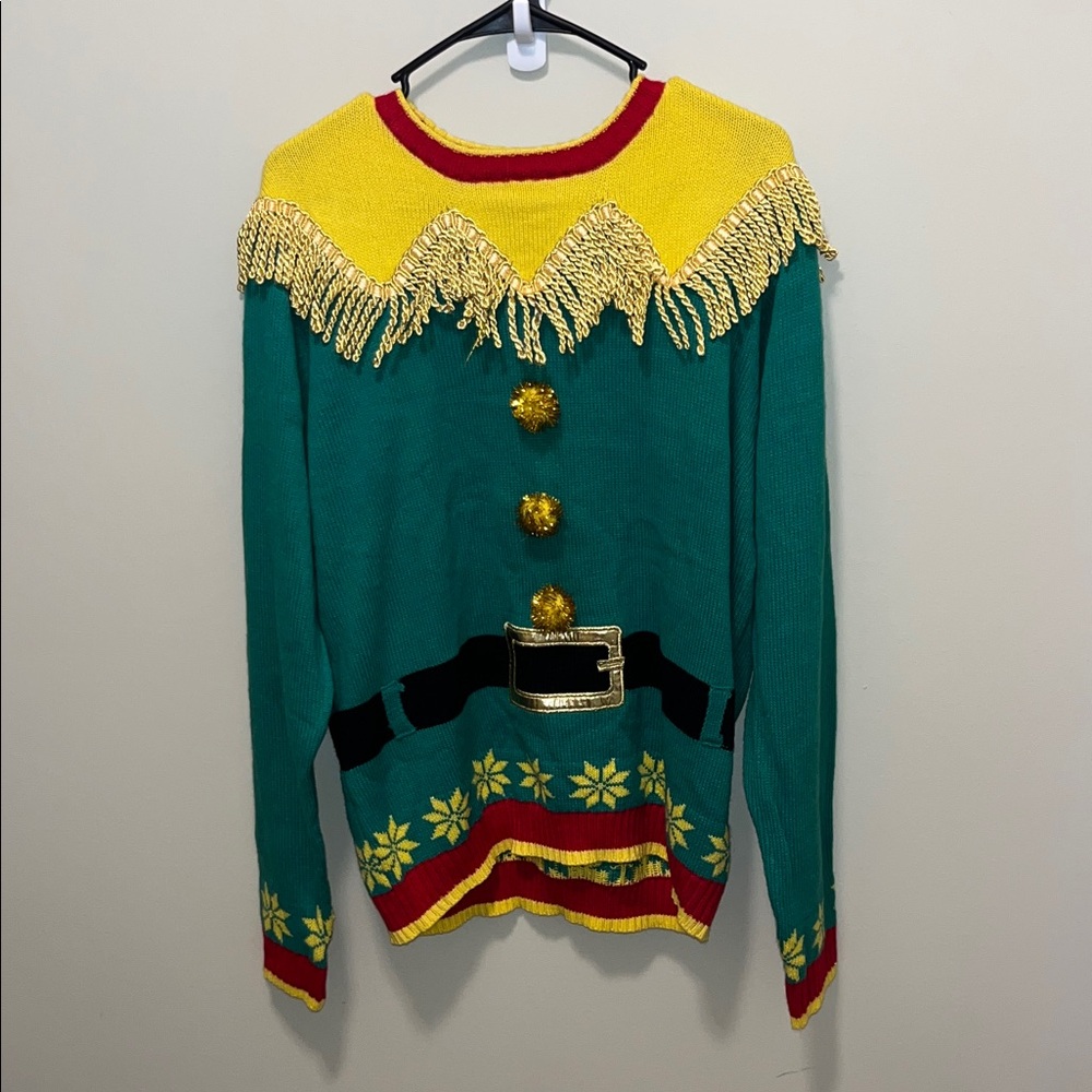 Vibrant Holiday Sweater with Fringe Accents